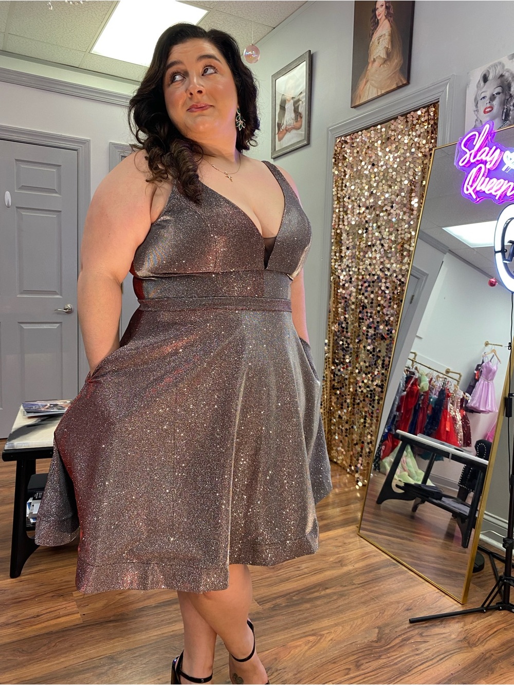 Sparkle V-Neck Mini Dress in Metallic Taupe